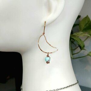 Upcycled Hammered Copper Crescent Moon Dangle Earrings, Gemstone Agate 2.5"